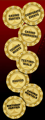 casino parties, casino fundraisers, poker tournaments, corporate events, testimonials, casino rentals, birthday parties, casino party photos